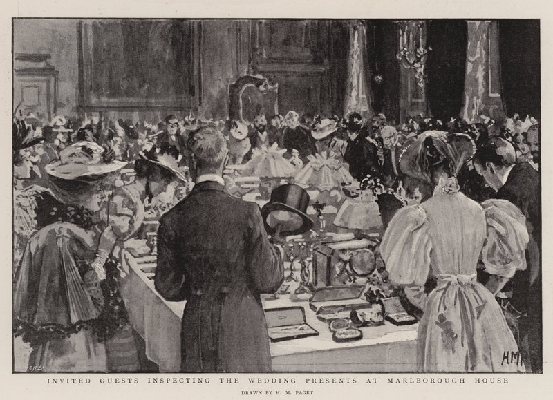 Inviterte gjester inspiserer bryllupsgavene på Marlborough House av Henry Marriott Paget