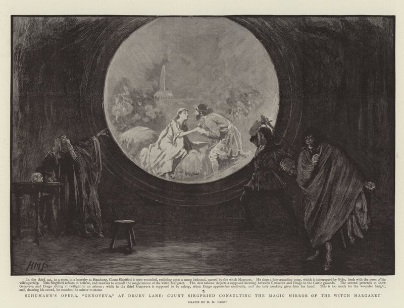 Schumanns opera, Genoveva, på Drury Lane, grev Siegfried konsulterte heksens magiske speil Margaret av Henry Marriott Paget