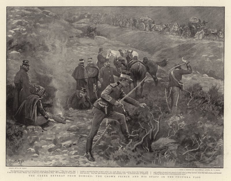 Den greske retretten fra Domoko, kronprinsen og hans stab i Phourka-passet av Henry Marriott Paget