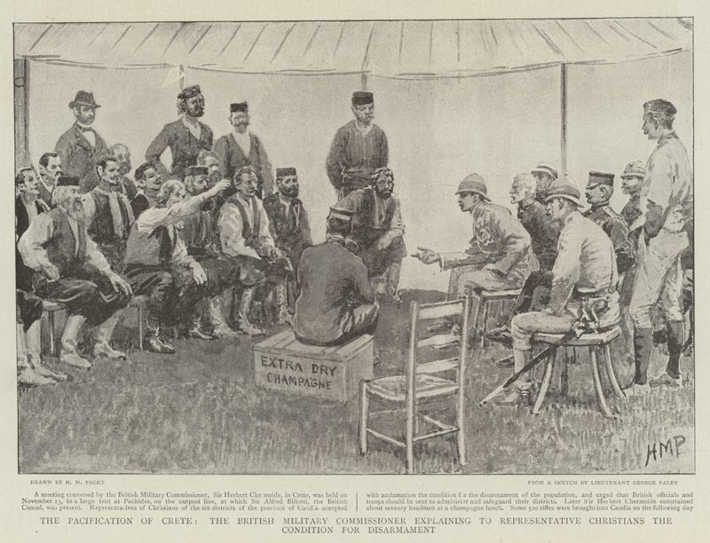Pacification of Crete, den britiske militærkommissæren som forklarer representanter for kristne betingelsene for nedrustning av Henry Marriott Paget