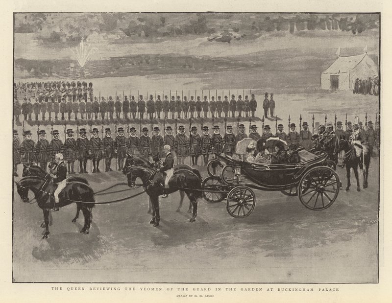 Dronningen gjennomgår Yeomen of the Guard i hagen ved Buckingham Palace av Henry Marriott Paget
