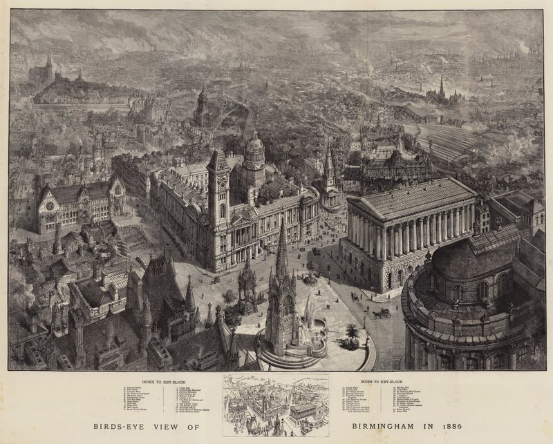 Birds-Eye View av Birmingham i 1886 av Henry William Brewer