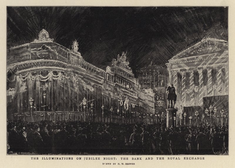 The Illuminations on Jubilee Night, Bank and the Royal Exchange av Henry William Brewer