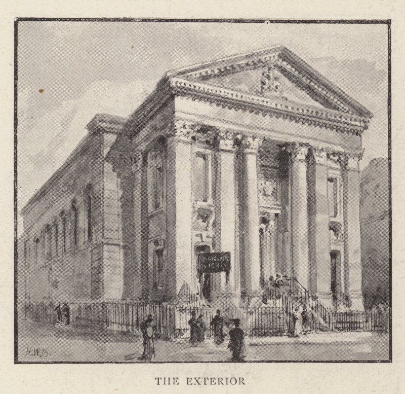 Den romersk-katolske kirken St Mary, Moorfields, City, som er i ferd med å bli revet ned av Henry William Brewer