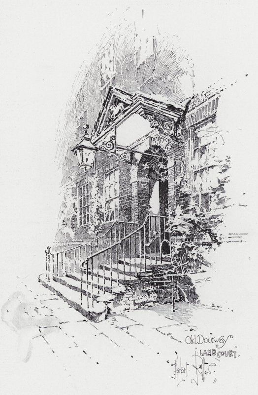 Gammel døråpning, Lamb Court (gravering) av Herbert (after) Railton