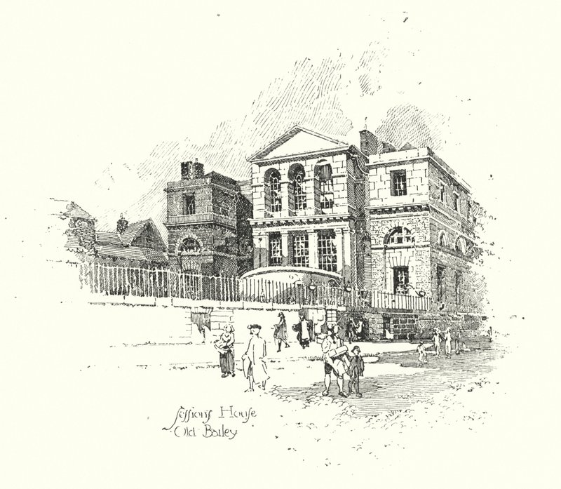 Sessions House, Old Bailey, London (litho) av Herbert (after) Railton