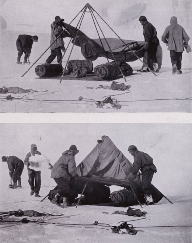 Oppsetting av telt (s/hvitt bilde) av Herbert Ponting