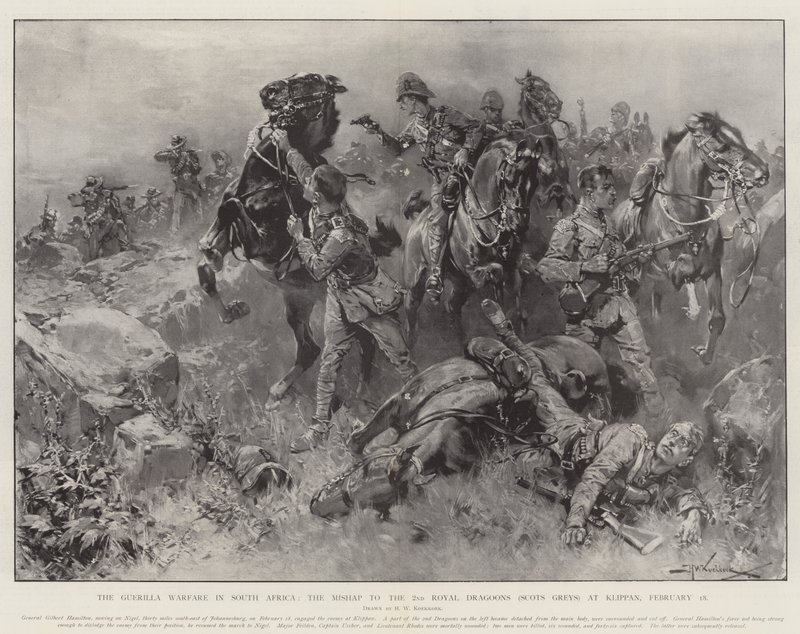 Geriljakrigføringen i Sør-Afrika, uhellet til 2nd Royal Dragons (Scots Greys) på Klippan, 18. februar av Hermanus Willem Koekkoek