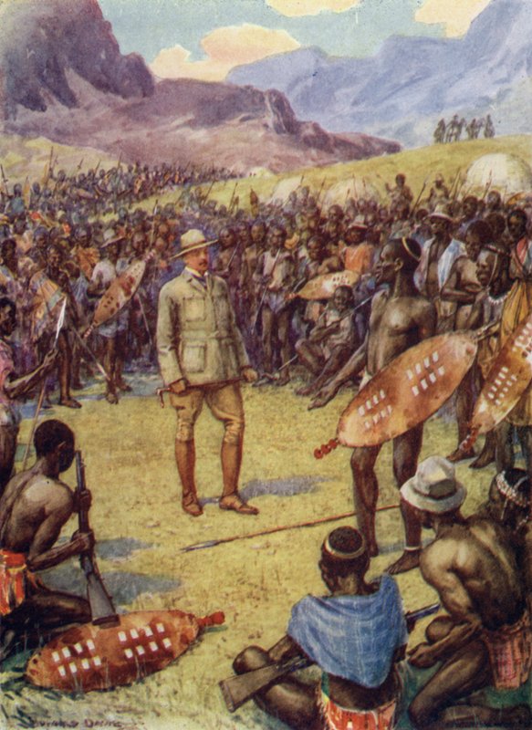 Cecil Rhodes, med Matabeles (farge litho) av Howard Davie