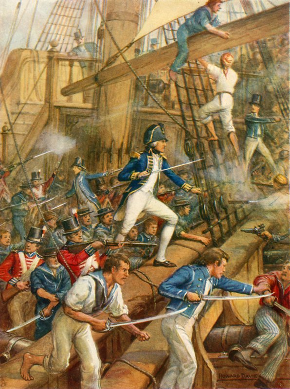Nelson går ombord på San Nicolas (farge litho) av Howard Davie