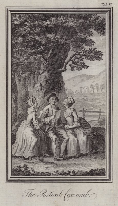 The Poetical Coxcomb (gravering) av Hubert (after) Gravelot