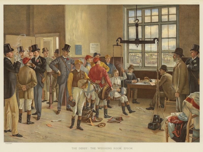 The Derby, the Weighing Room, Epsom (chromolitho) av Isaac J. Cullin