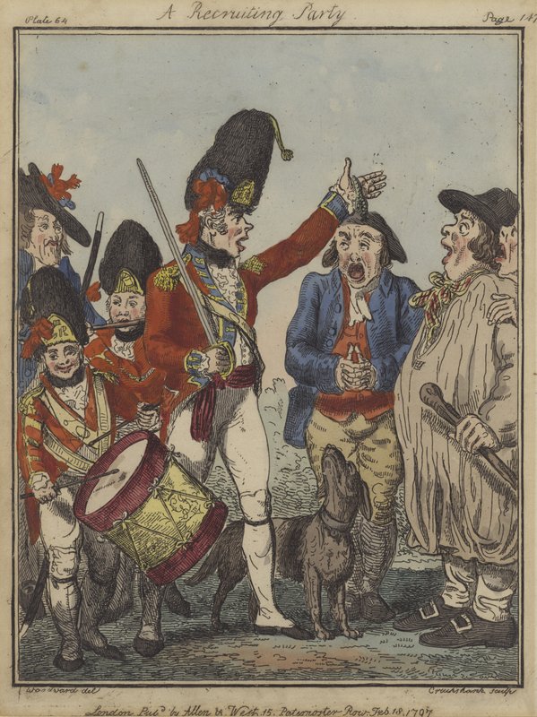 Et rekrutteringsparti, 1797 (farget etsning) av Isaac Robert Cruikshank