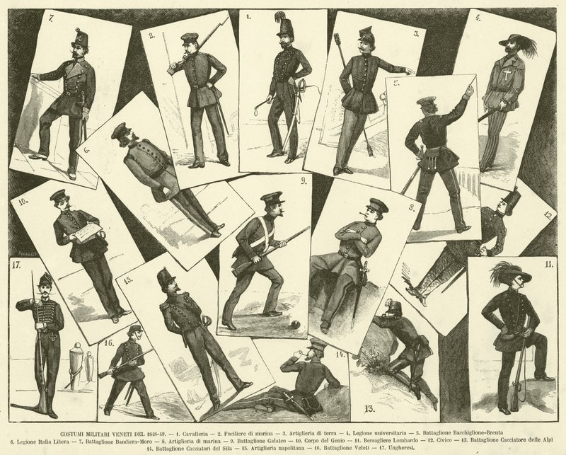 Venetianske militærkostymer fra 1848-49 (gravering) av Italian School