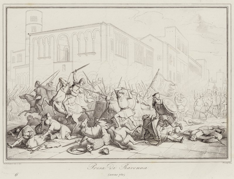 Taking of Ravenna, 730 (gravering) av Italian School