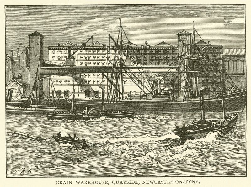 Grain Warehouse, Quayside, Newcastle-on-Tyne (gravering) av J.R. Brown