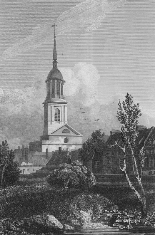 Shoreditch Church (gravering) av John Preston Neale