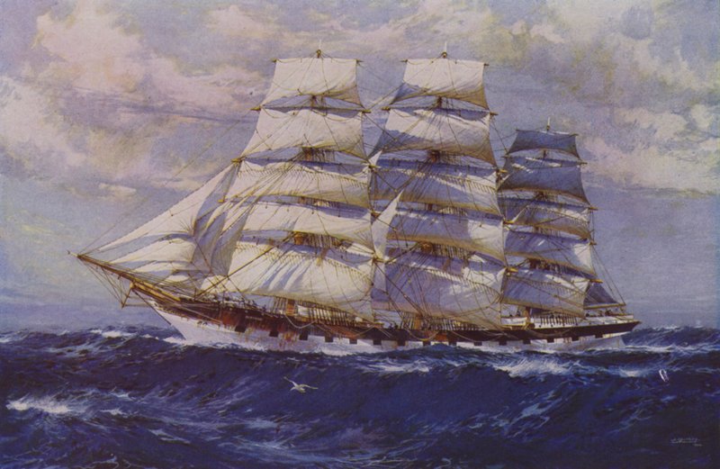 Seilskip Taranaki (farge litho) av Jack (after) Spurling