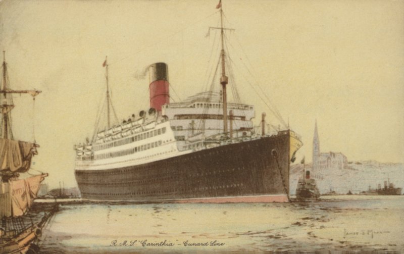 Cunard liner RMS Carinthia (farge litho) av James Scrimgeour Mann