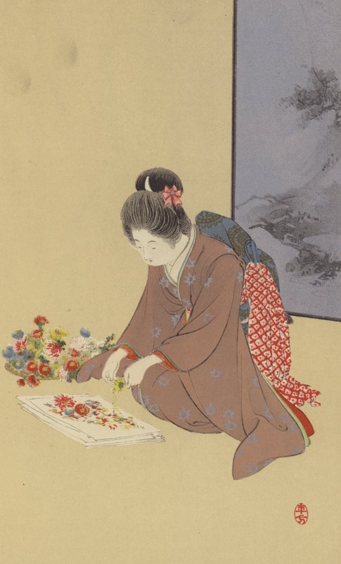 En ung jente leker med krysantemum (chromolitho) av Japanese School