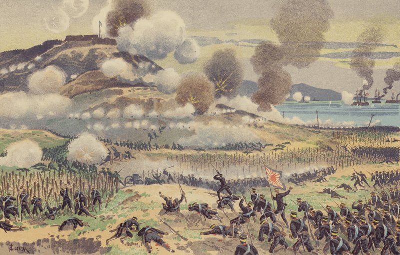 Det heftige slaget ved Nanshan (chromolitho) av Japanese School