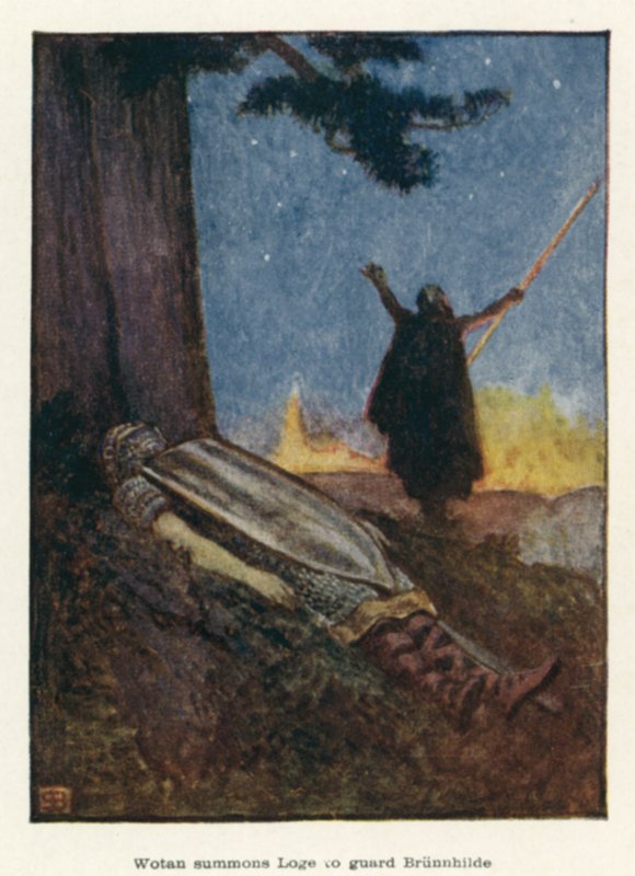 Wotan innkaller Loge for å vokte Brunnhilde av John Byam Liston Shaw
