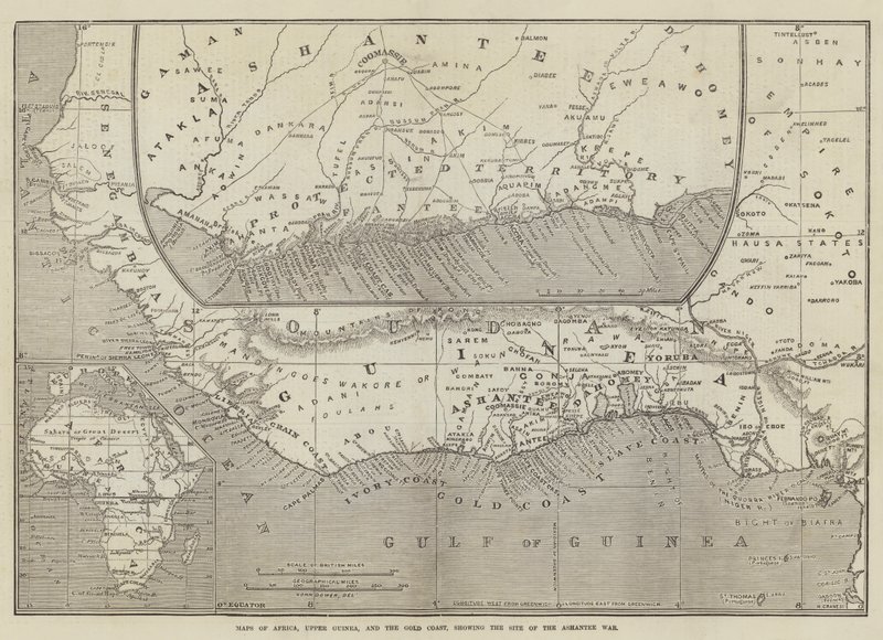 Kart over Afrika, Øvre Guinea og Gold Coast, som viser stedet for Ashantee-krigen av John Dower