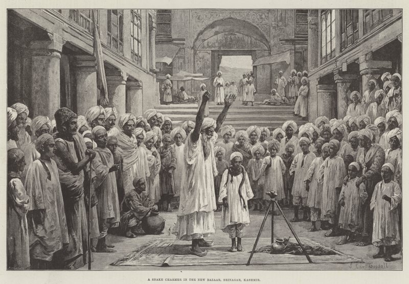 En slangetjukker i New Bazaar, Srinagar, Kashmir av John Edward Goodall