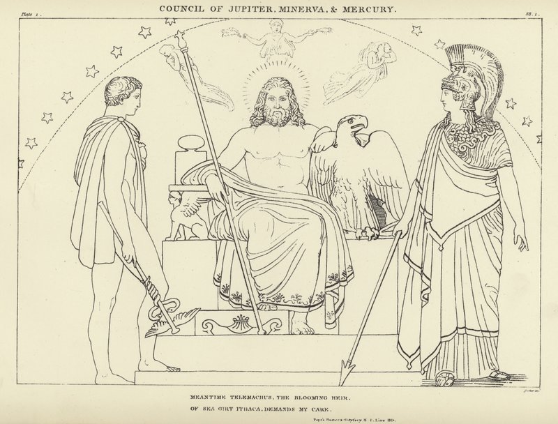Rådet for Jupiter, Minerva og Merkur av John Flaxman