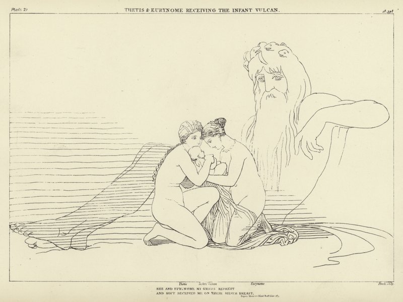 Thetis og Eurynome mottar Vulcan-barnet av John Flaxman