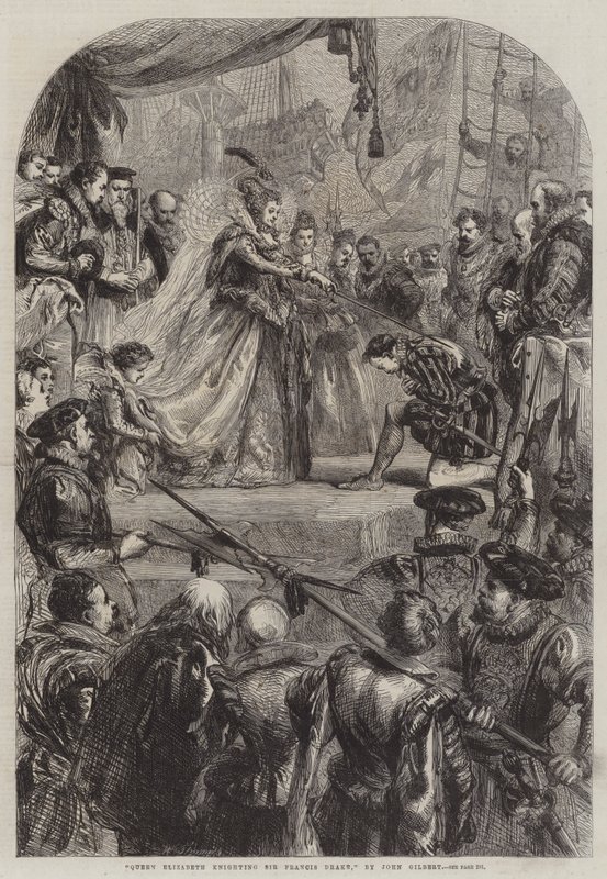 Dronning Elizabeth ridder Sir Francis Drake av John Gilbert