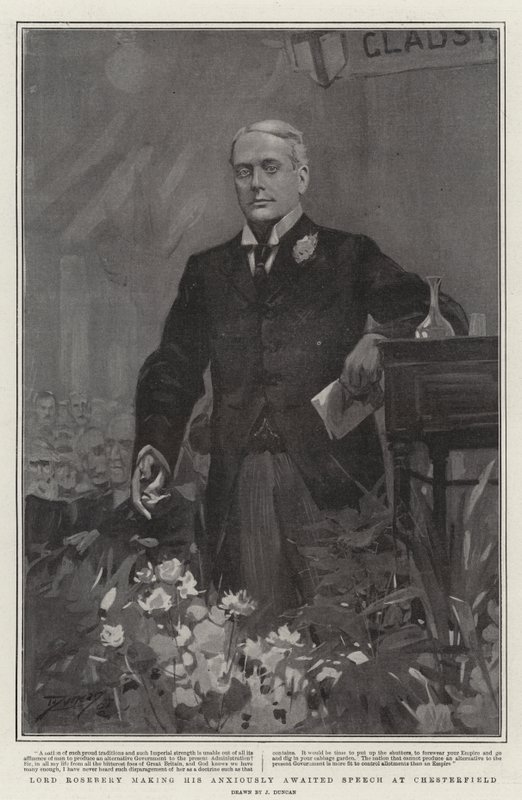 Lord Rosebery holder sin etterlengtede tale i Chesterfield av after John Duncan