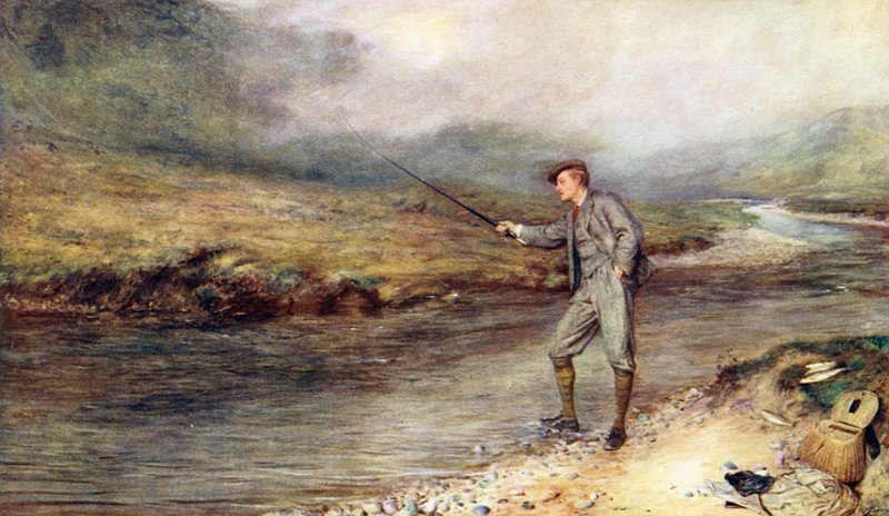 Ørretfiske i høylandet (farge litho) av John (after) Pettie