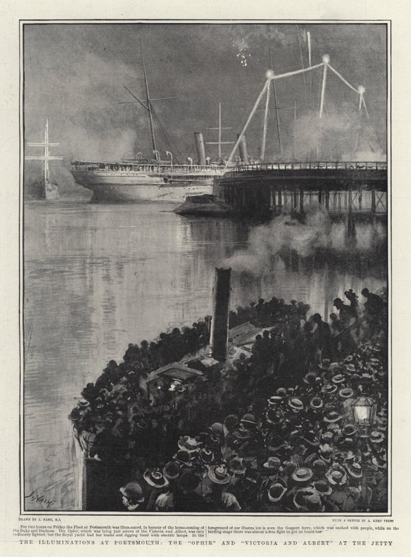 Illuminations ved Portsmouth, Ophir og Victoria og Albert ved kaien av Joseph Nash