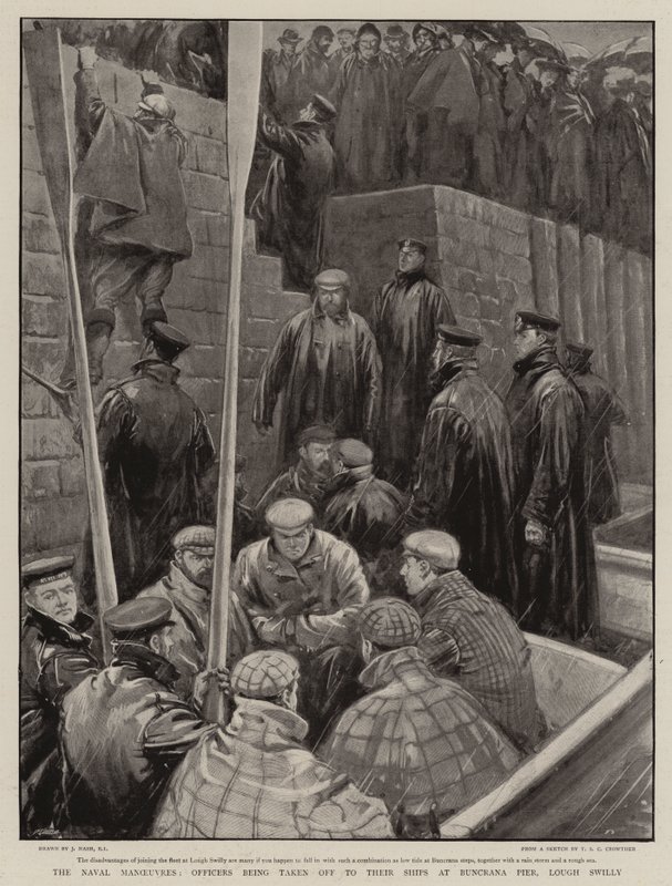 Sjømanøvrene, offiserer som blir tatt av til skipene sine ved Buncrana Pier, Lough Swilly av Joseph Nash