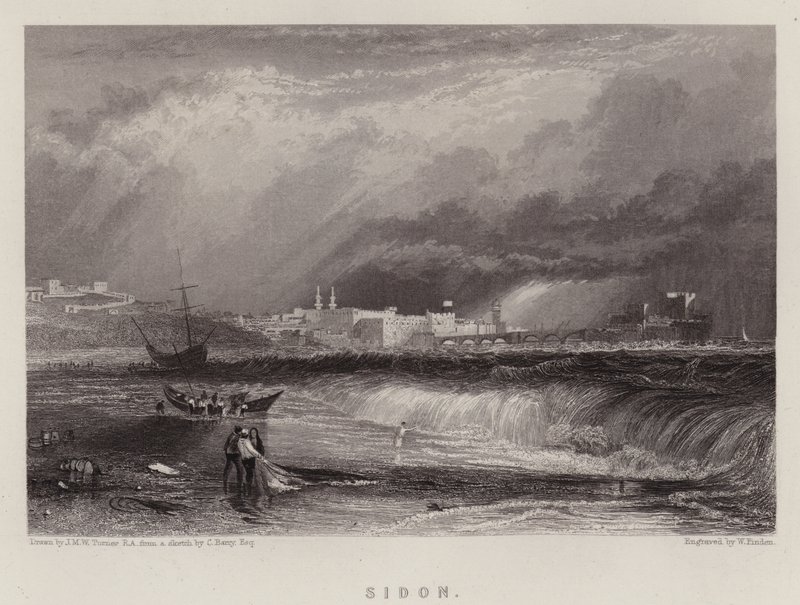 Sidon (farge litho) av Joseph Mallord William (after) Turner