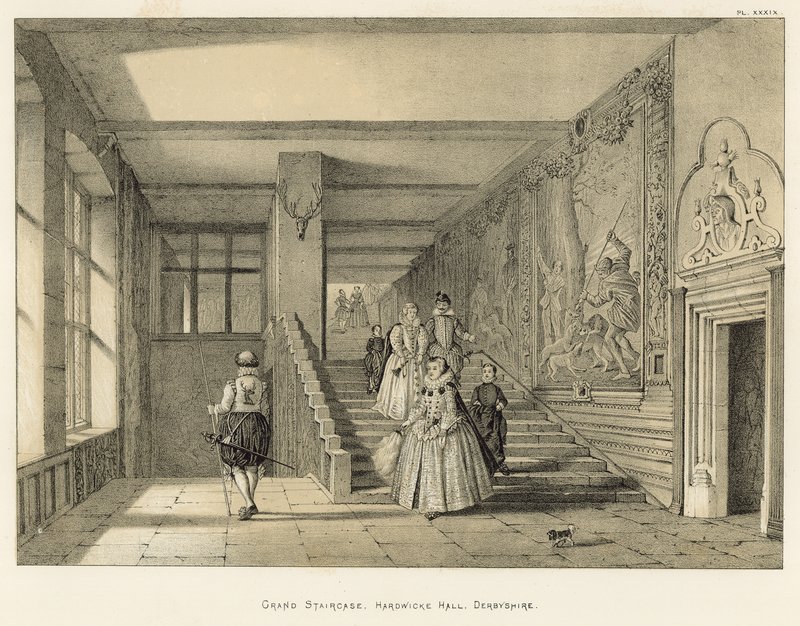 Grand Staircase, Hardwicke Hall, Derbyshire av Joseph Nash