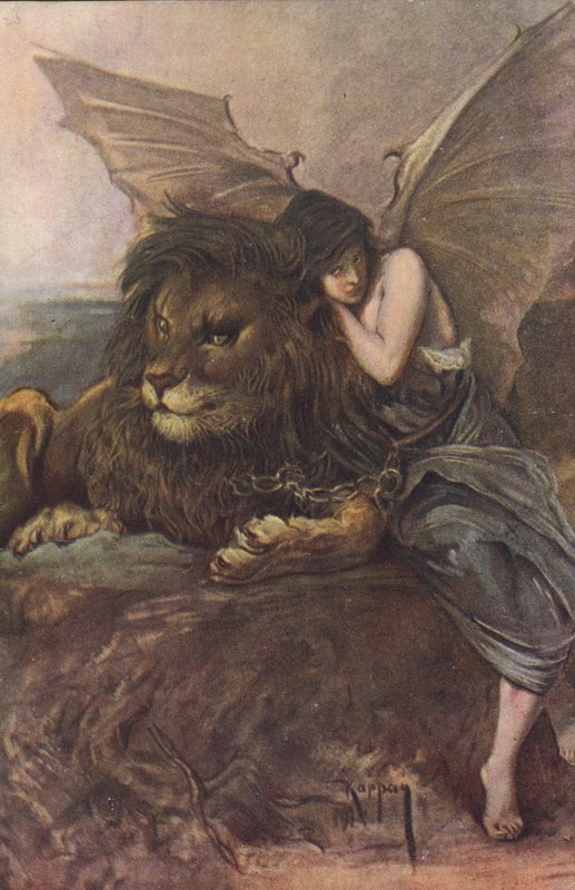 Løve og bevinget kvinne (farge litho) av Joszi Arpad Koppay