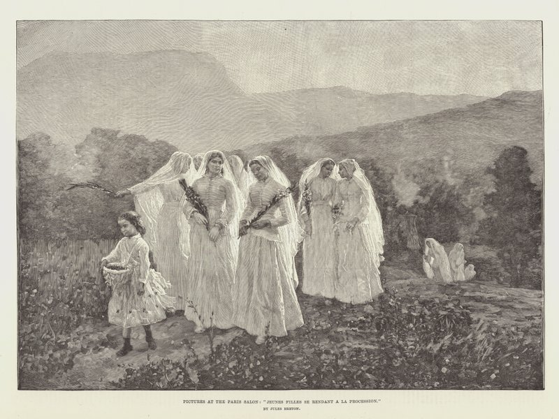 Bilder på Paris-salongen, unge jenter som går til La Procession av Jules Breton