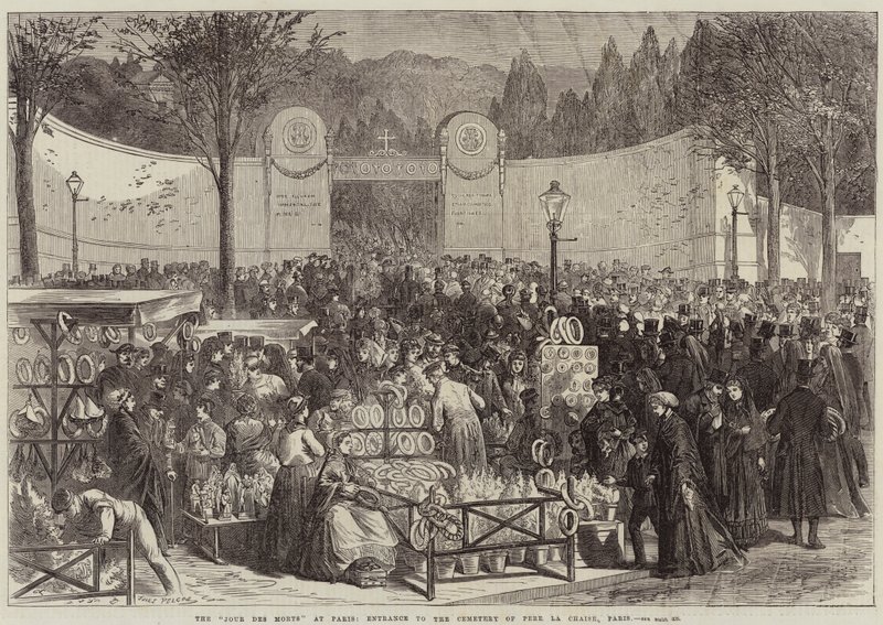 Jour Des Morts i Paris, inngangen til kirkegården i Pere La Chaise, Paris av Jules Pelcoq