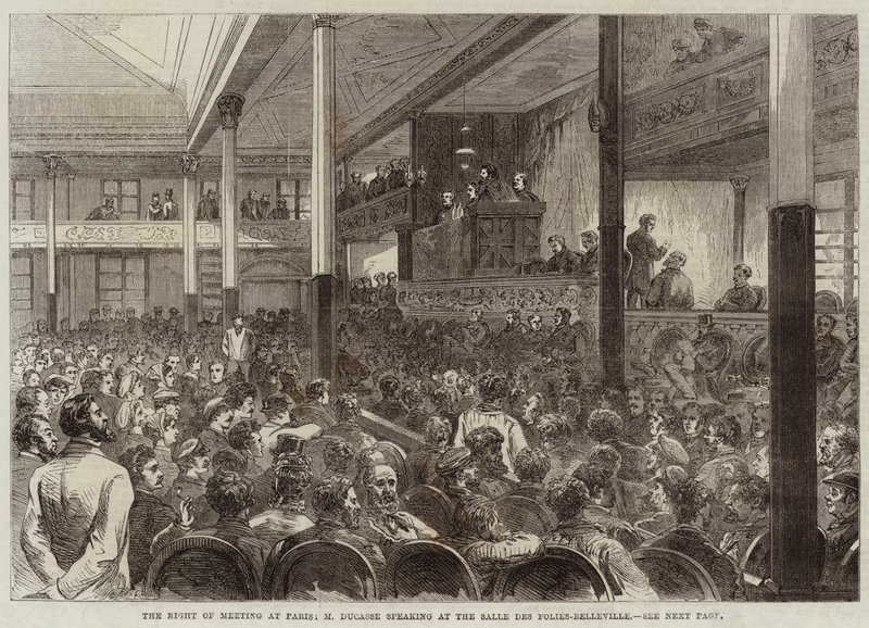 Møteretten i Paris, M Ducasse taler på Salle des Folies-Belleville av Jules Pelcoq