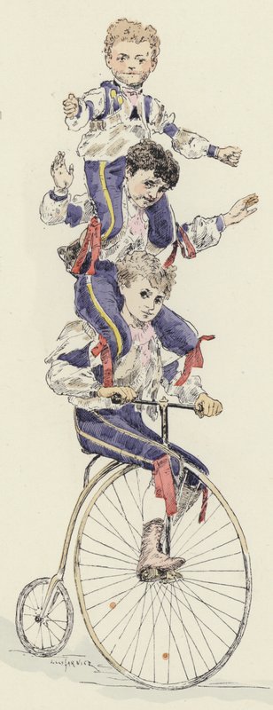 Sykkelakt (farge litho) av Jules Arsene (after) Garnier