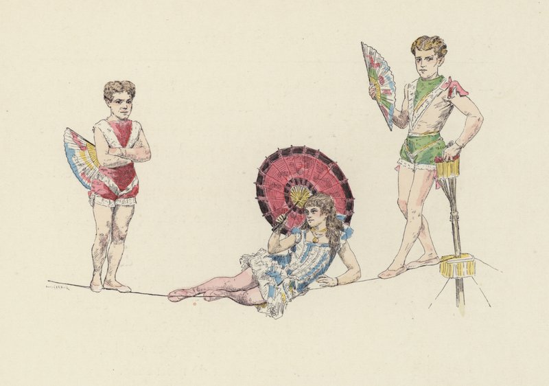 Tightrope artister (farge litho) av Jules Arsene (after) Garnier