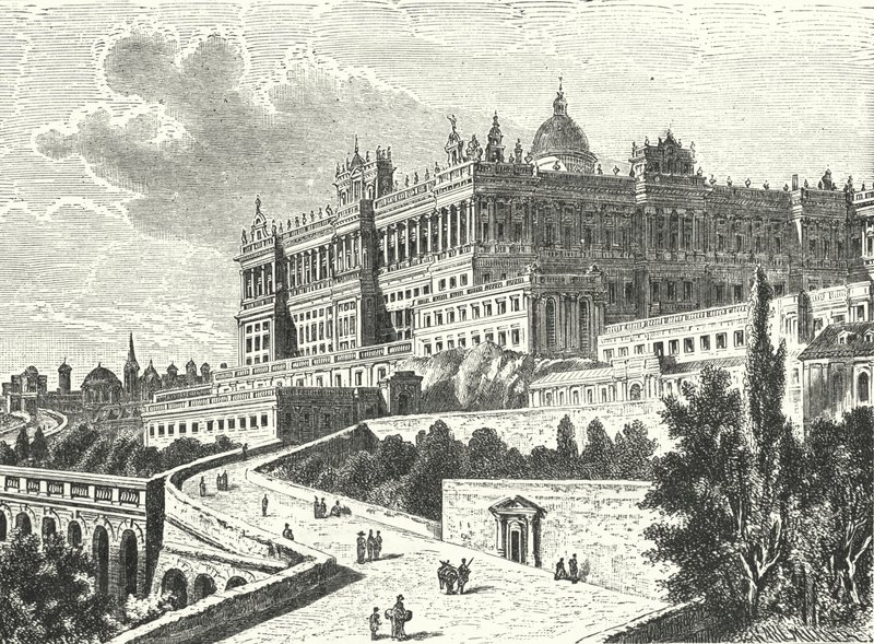 Det kongelige palass, Madrid, Spania (gravering) av Karl Muller