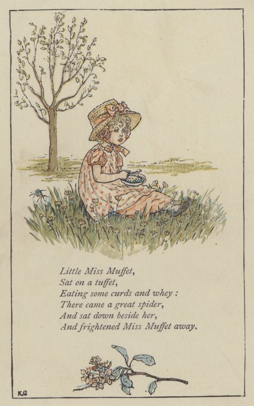 Little Miss Muffet (farge litho) av Kate (after) Greenaway