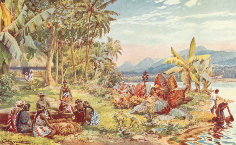 Scene på Tahiti (farge litho) av Louis Fairfax Muckley