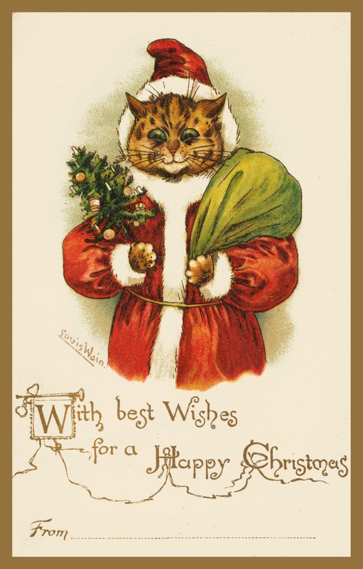 Katt iført julemannkostyme (chromolitho) av Louis Wain