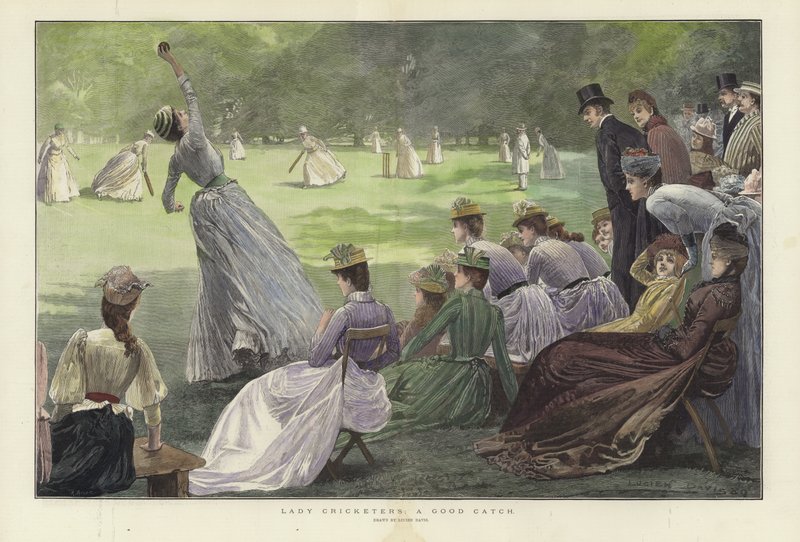 Lady Cricketers: A Good Catch (farget gravering) av Lucien Davis