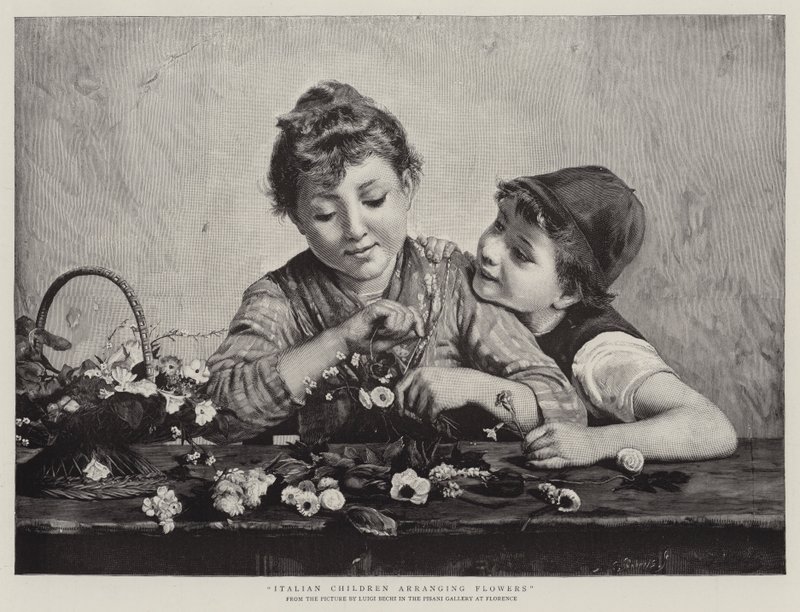 Italienske barn som arrangerer blomster av Luigi Bechi