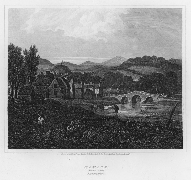 Hawick, generell utsikt, Roxburghshire (gravering) av Luke (after) Clennell